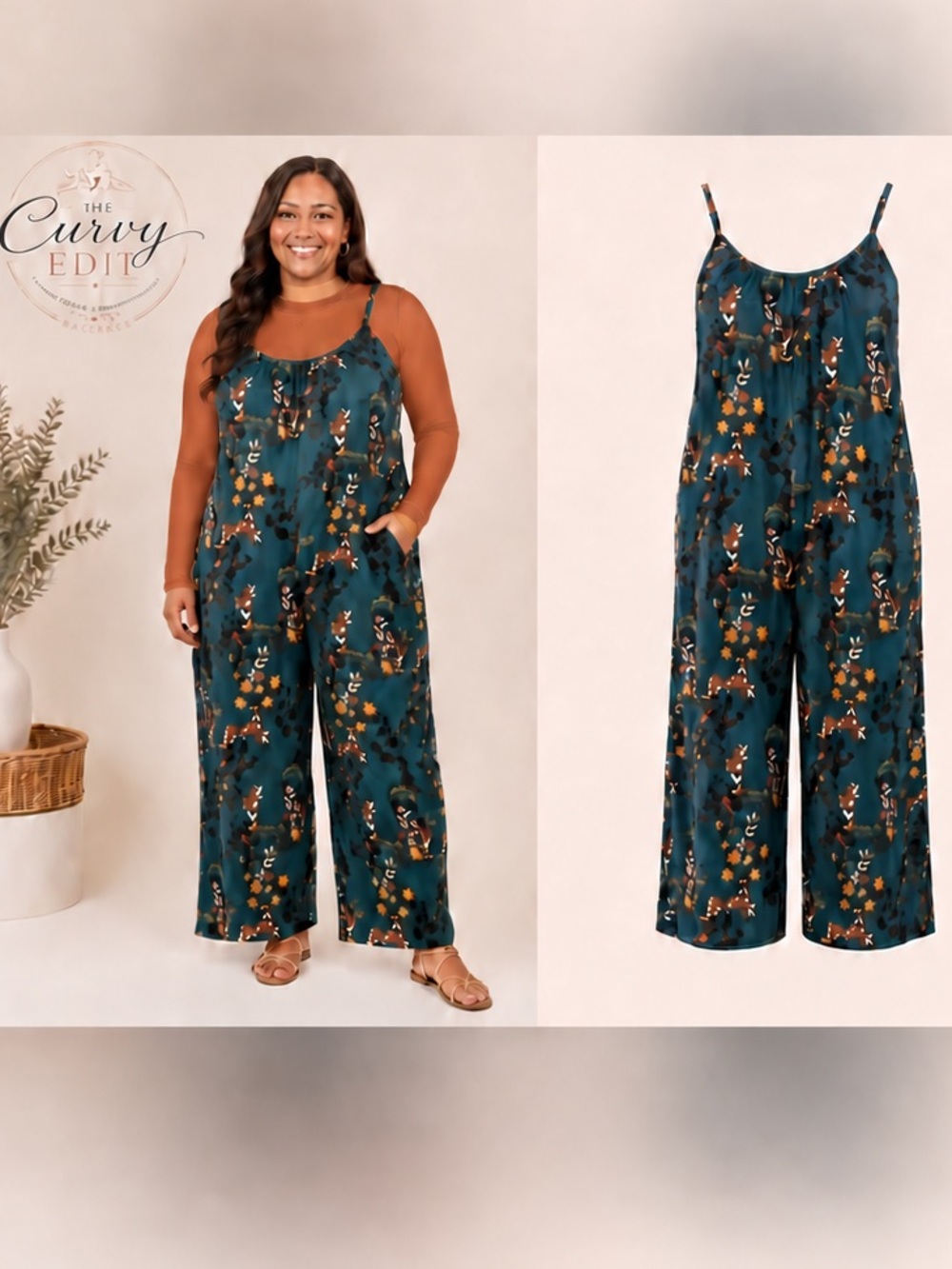 Floral Wide Leg Jumpsuit | Teal Boho Sleeveless Romper | Size 1X Unbranded Fall